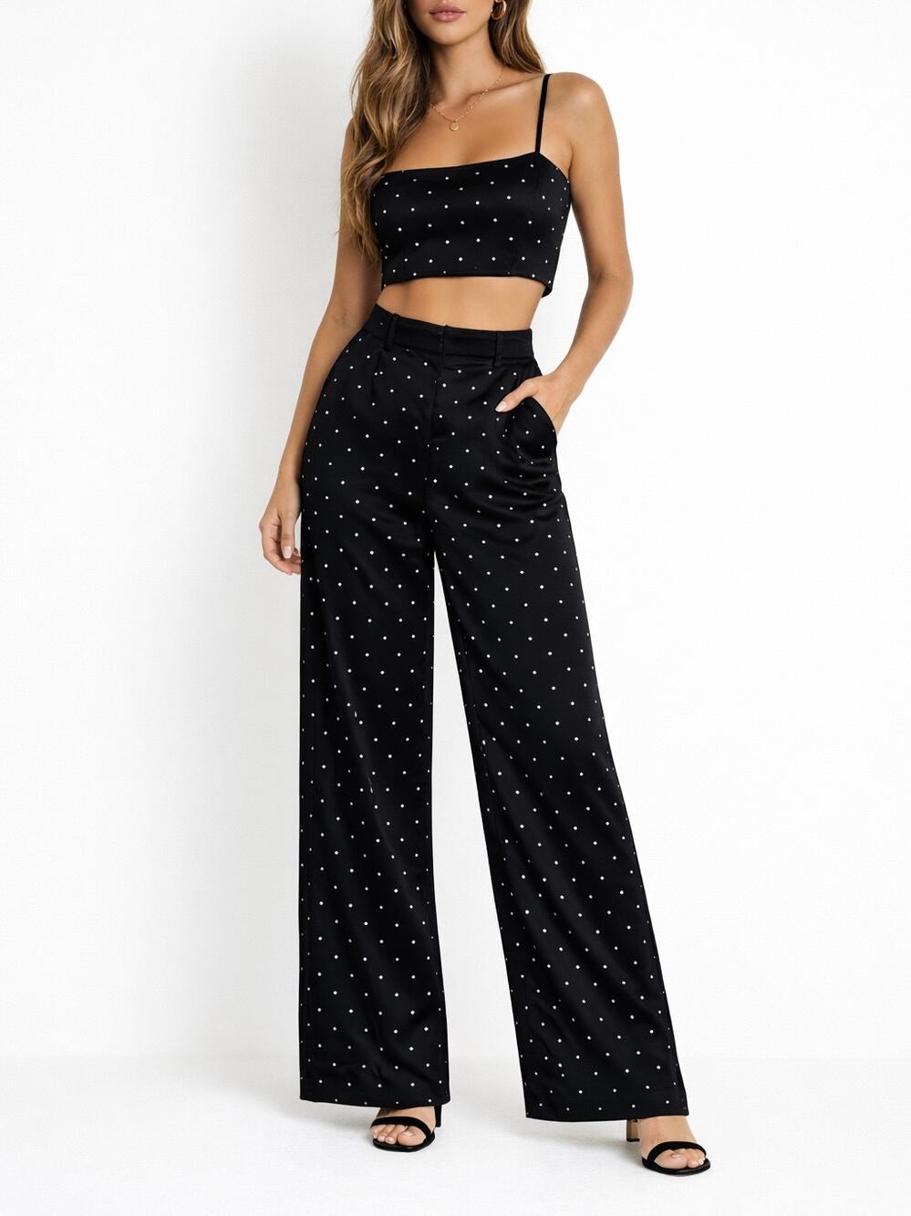 House of Harlow 1960 2 Piece Rhinestone Wide Leg Crop Top Pants Set Black Small